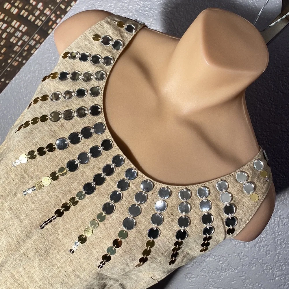 TORY BURCH - linen tank tunic w little mirror discs surrounding neck, zip - 8 - Picture 9 of 16